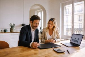 Franchisé et responsable réseau signant le contrat de franchise de conciergerie après l'entretien de sélection, avec chiffrage des coûts sur ordinateur portable