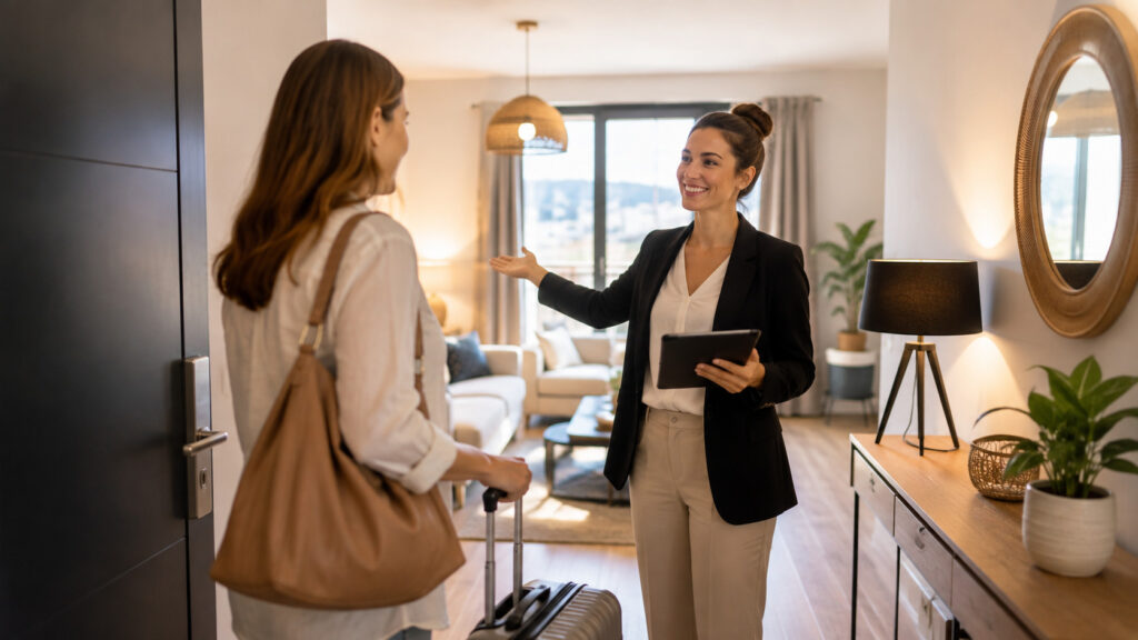 Franchisée de conciergerie accueillant une voyageuse avec le sourire, illustrant le sens du service, une des qualités pour réussir en franchise de conciergerie