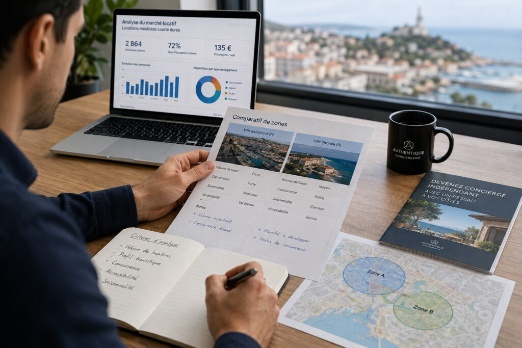 Comparatif de zones géographiques pour une franchise de conciergerie : volume de biens, concurrence et accessibilité